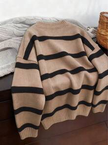 Women's Casual Striped Knit Long Sleeve Sweater, Soft & Comfortable Relaxed Fit Pullover Spring - Camel - View 3