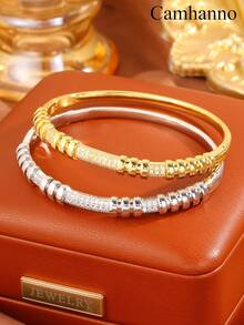Camhanno 1pc Golden Jewelry Set Striking Copper Bracelet For Party: The Bead-Segment And Inlaid Design Is Full Of Charm In Social Occasions, Showing A Unique And Luxurious Style That Catches Everyone's Eyes Instantly. - Multicolor - View 4