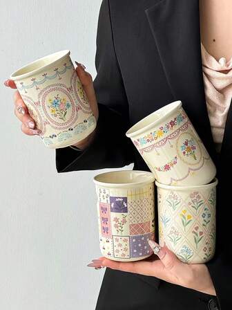 1pc Ceramic Hand-Held Coffee Cup, Ins Cream Style Korean Minimalist Cute Ceramic Mug, Classic Floral Series, Handmade High Aesthetic Tea Cup And Coffee Cup, Suitable For Home, Restaurant, Cafe - Cute, Creative, Personalized Breakfast Cup, Tea Cup, Coffee, Ideal Choice For Birthday And Holiday Gifts
