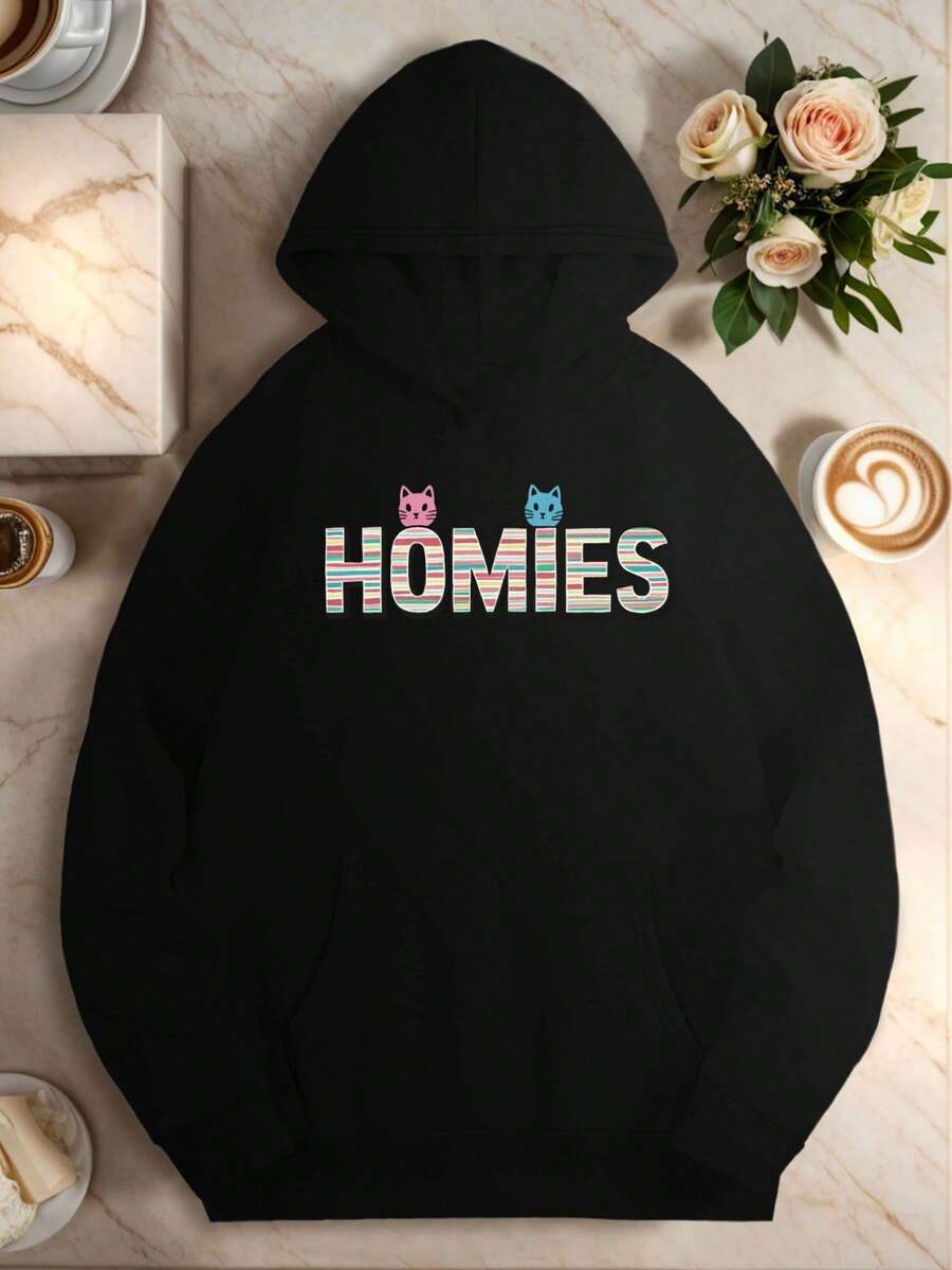 Item Picture   Homies Text With Cat Figures Womens Hoodies (2) - Black - View 1