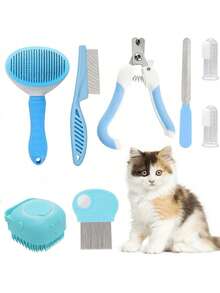 8pcs Deluxe Cat Grooming Kit: Includes Self-Cleaning, Nail & Fur Care, And Dental Care Essentials To Keep Your Beloved Pet Happy And Healthy - Blue - View 1