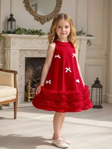 Vestido casual de niña con cuello redondo, sin mangas, de unicolor, con volantes de malla en el bajo - Burdeos - Ver 11