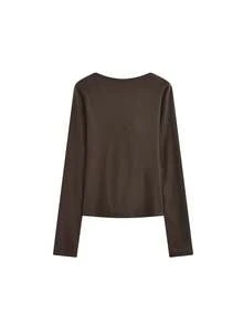 女士修身塑形无缝打结下摆长袖打底T恤，秋冬季 - 咖啡棕 - 查看 5