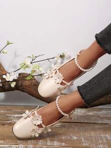 1 par de zapatos planos de mujer con correa de tobillo estilo dulce y cómodo con perlas - Albaricoque - Ver 3