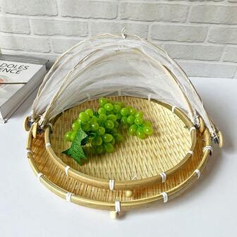 1pc Bamboo Storage Basket With Dust Cover, Household Kitchen Food Storage Basket With Anti-Mosquito Net Lid