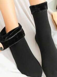 6 Pairs Unisex Black Mid-Calf Socks - Warm & Comfortable Winter Socks, Thick & Insulated, Suitable For Daily Wear And Sleeping, Christmas Gift - Black - View 2