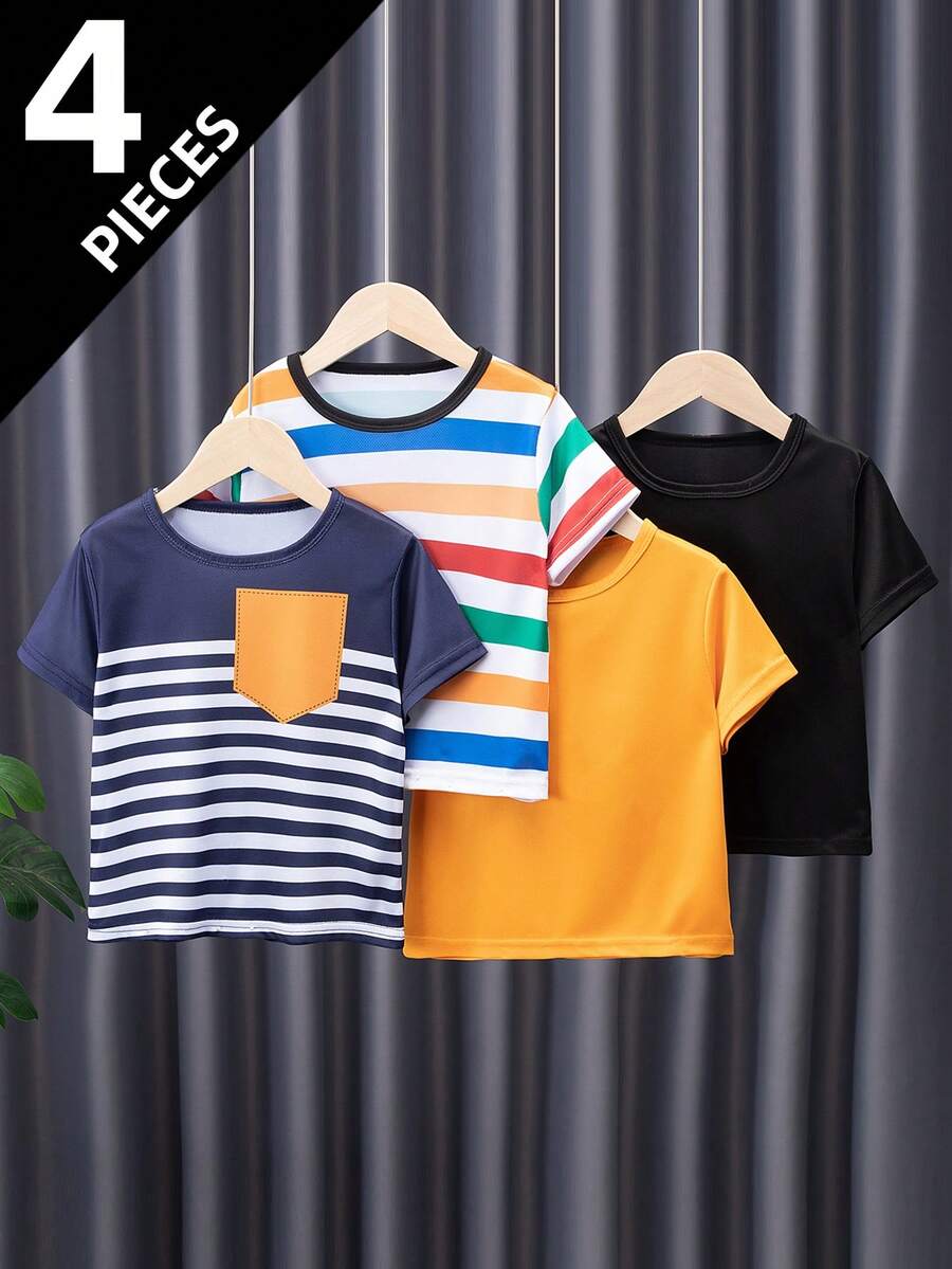 4件套男童短袖T恤，休闲拼接条纹上衣，轻薄夏季男女童装 - 彩色 - 查看 1