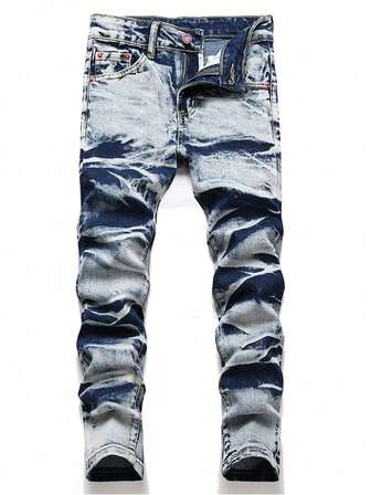 Teenage Boys' Fashionable Washed Terrain Textured Straight Leg Jeans
