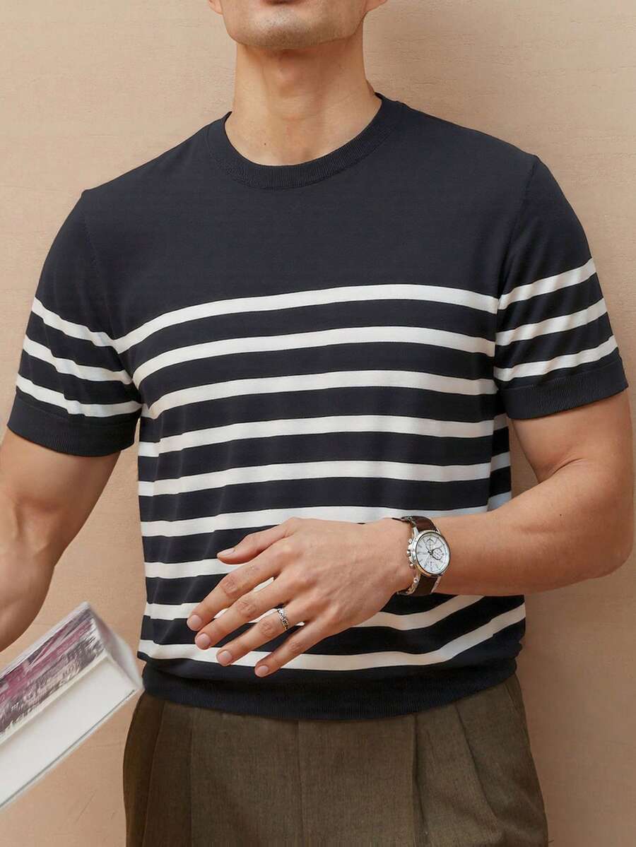 男士休闲黑白条纹针织短袖T恤