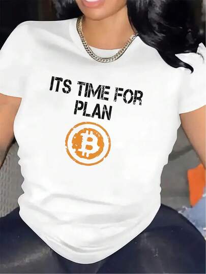 Camiseta para hombres y mujeres con patrón de Bitcoin negro - Diseño "Time To Plan", símbolo de Bitcoin naranja, ligera, ajuste cómodo, adecuada para el hogar, la oficina, la sala de estar o el restaurante, uso casual | Camiseta con patrón fijo | Tela con estiramiento medio