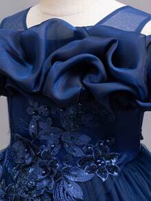 年轻女孩 3D 花朵网眼拼接露肩礼服，花童生日派对舞蹈演奏礼服，优雅钢琴演奏公主裙 - 藏蓝色 - 查看 5