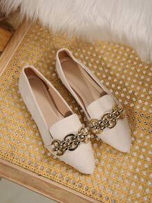 新款时尚黑色宽楦套脚鞋，尺码36-43，舒适日常休闲女鞋，春秋季款 - 米色絨面+鏈條 - 查看 7