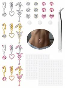 Y2K Fake Belly Ring Stick On Fake Belly Piercing Jewelry Cute Pink Belly Button Rings Heart CZ Stainless Steel Fake Belly Button Ring Fake Earrings Non Piercing Stick On Jewelry