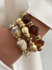 3 pièces Bracelet en résine acrylique marron vintage multicouche, bracelet CCB asymétrique surdimensionné, set de bracelets empilables, convient pour les femmes, les couples, les fêtes, les vacances, le port quotidien - Multicolore - Voir 4
