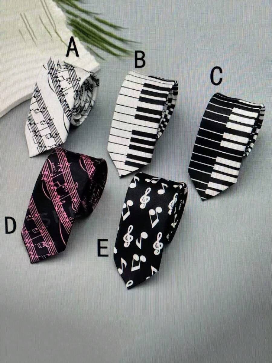 1pc Unisex Fashion Narrow Tie, Hip-Hop Music Note Tie, Leopard Print Piano Keyboard Tie, Slim Korean Style - Multicolor - View 1