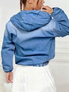 Casual    Zipper  Pocket  Drawstring    Women's Plus-Size Vintage Hooded Denim Pullover Jacket  Home  Night Out  Vacation  School  Holiday    Autumn And Winter  Solid Color Vintage Denim Hoodie - 藍色 - 查看 3
