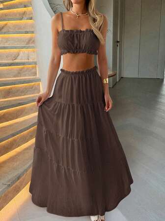 Look Polly Women's 2-Piece Set, Solid Color Strapless Camisole Top And Long Skirt, Women's Back To School Outfit, Autumn Casual Wear, Suitable For Church, Vacation, Concerts, Boho Style Vacation Set, Brown Top Paired With Brown Skirt, Elegant Women's Beach Outfit