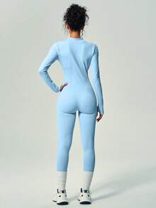 UONNOU 1 Piece 连体衣 连体运动服 蜜桃臀 提腰 收腹 瘦腿 全身塑身 拉链半开 长袖 拇指孔设计 小立领 适合运动 滑雪 骑行 健身房 瑜伽 球类运动 锻炼 室内外 日常休闲 无缝罗纹针织面料 运动服 秋冬款 - 水藍色 - 查看 8