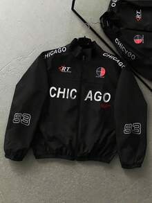 Men Racing Style Long Sleeve Jacket With Racing Print, Sleek And Sporty, Fashionable Outdoor Wear, Grunge, Fall - Black - View 1