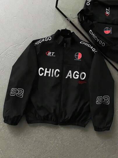 男士赛车风格长袖夹克，饰有赛车印花，时尚动感，适合户外穿着，亦可打造颓废摇滚风，秋季必备单品。