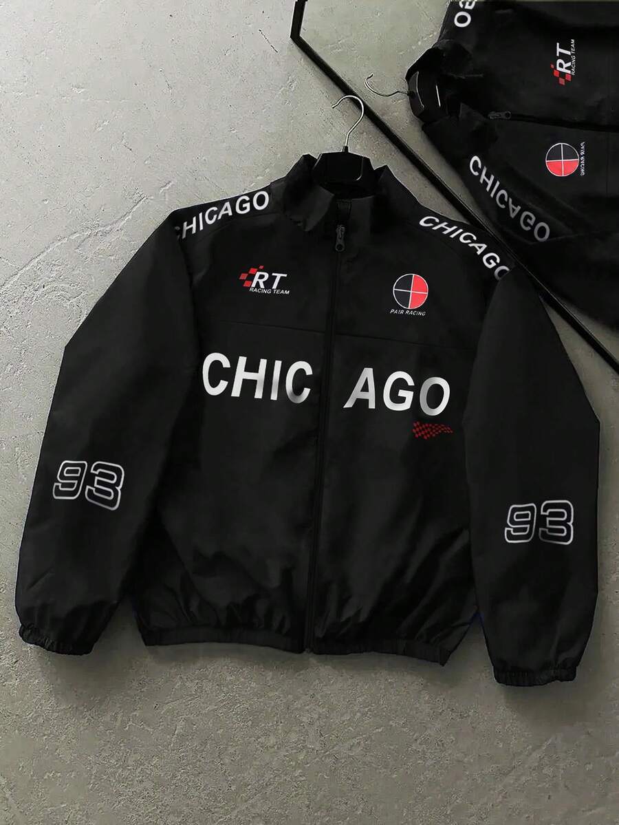Men Racing Style Long Sleeve Jacket With Racing Print, Sleek And Sporty, Fashionable Outdoor Wear, Grunge, Fall - Black - View 1