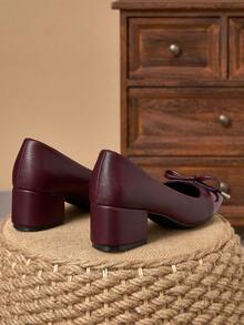 Mahogany Patent Two-Tone Textured Square Toe Bow Block Heel Pumps – 5cm - Redwood - View 6