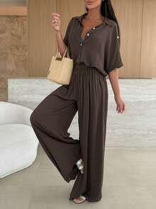 女士两件套，优雅职业装，宽松蝙蝠袖衬衫搭配休闲直筒弹力腰裤，春夏款 - 巧克力棕 - 查看 3