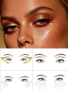 4pcs Glitter Face Temporary Tattoo Stickers, Gold & Silver Eye Makeup Stickers, Eyeliner Stickers, Glitter Temporary Tattoos, Suitable For Party, Festival, Prom, Valentine's Day Decoration - Multicolor - View 1