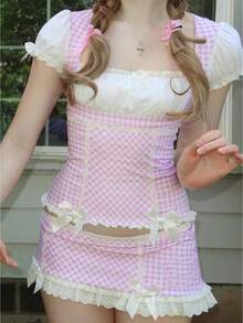 Kawaill Lolita Style 2 Piece Set Outfits Y2k Gingham Puff Short Sleeves Crop Tops + Lace Trim Mini Dress Women Sweet Outfits - 粉色 - 查看 1