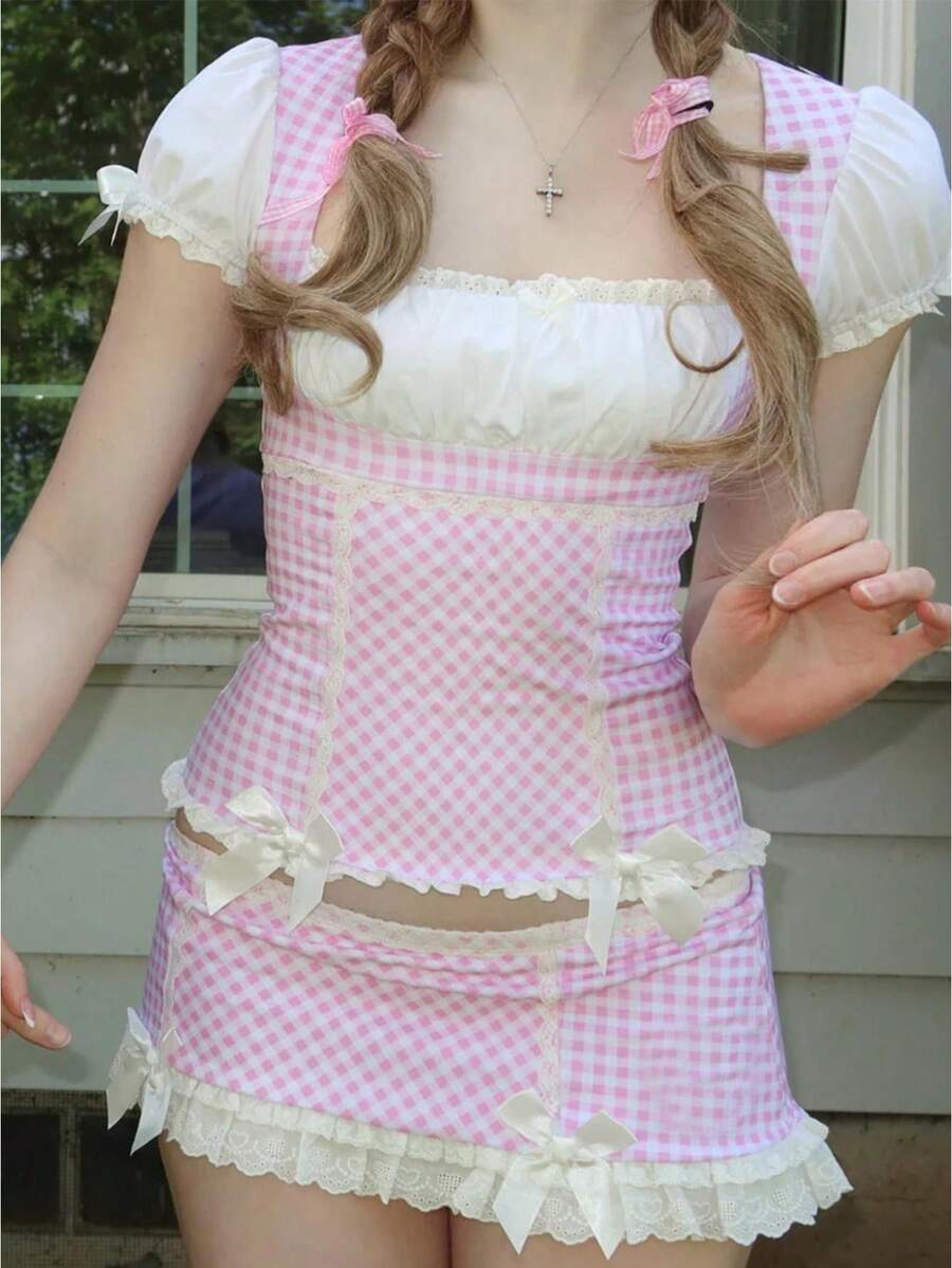 Kawaill Lolita Style 2 Piece Set Outfits Y2k Gingham Puff Short Sleeves Crop Tops + Lace Trim Mini Dress Women Sweet Outfits - 粉色 - 查看 1