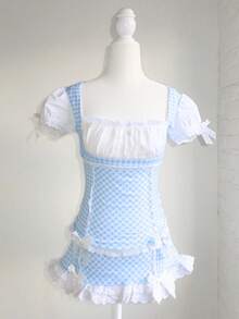 Kawaill Lolita Style 2 Piece Set Outfits Y2k Gingham Puff Short Sleeves Crop Tops + Lace Trim Mini Dress Women Sweet Outfits - 藍色 - 查看 2