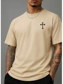 Kit Of 3 Men's T-Shirts, 100% Cotton Lion Shirt, Streetwear Blouse, Various Colors, Cool Religious Print - 黑色/米色/棕色 - 查看 3