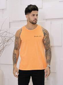 Men's Standard Sleeveless Printed Summer Tank Top With Washed Knit Stitching - Orange - View 2