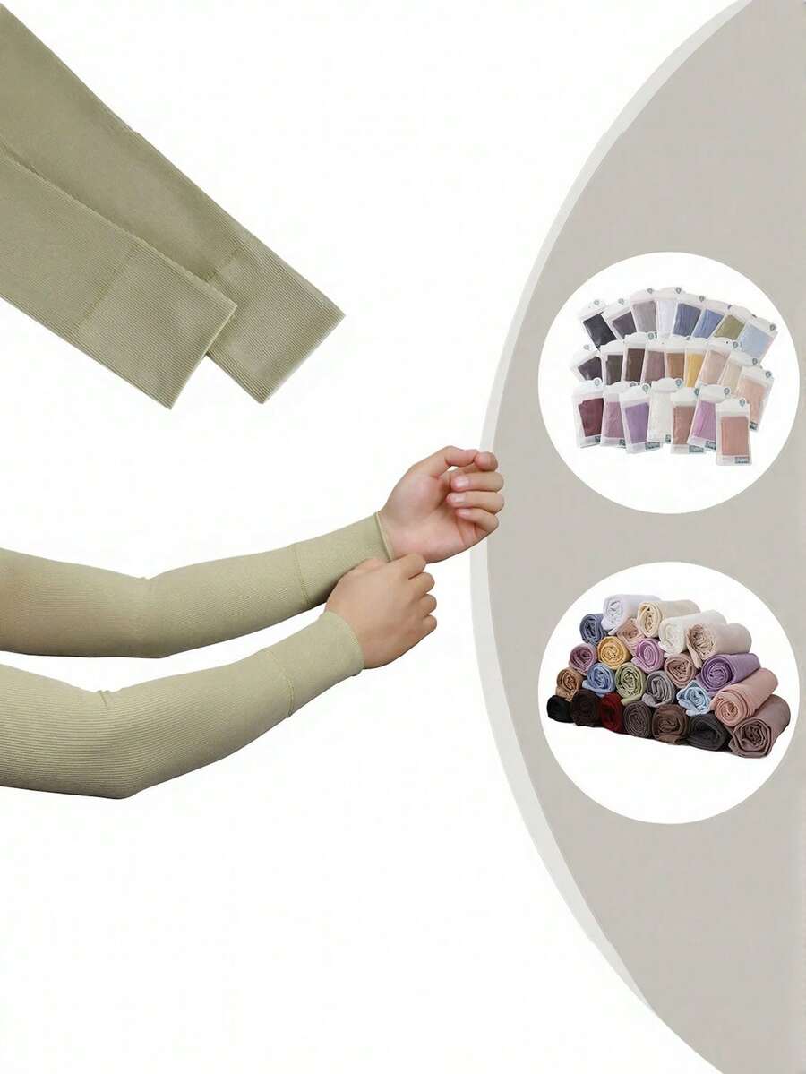 1pc Women's Solid Color Breathable Elastic Silk-Like Ribbed Arm Sleeve, Fashion Anti-Flashing Skin-Friendly Arm Warmer - Multicolor - View 1