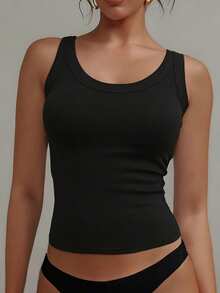 1 pieza Top de sujetador casual para mujer - Camiseta de punto de estiramiento medio adecuada para todas las estaciones - Negro - Ver 2
