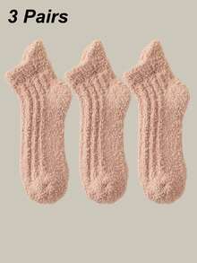 随机1/2/3/5双装女士纯色可爱休闲布艺船袜，加厚保暖舒适室内冬季睡眠袜