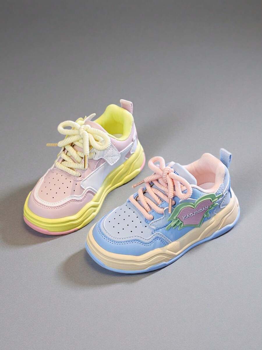 Summer New Kids Canvas Shoes, Fashion Girls Casual Shoes, Color Block Mid-Top Thick Sole Increased Height Shoes, Daily Simple Girls Baby Sports Shoes, Campus Student Running Shoes, White Sneakers - Multicolor - View 1