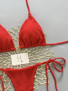 2pcs Casual Cute Elegant Sexy Bohemian Floral Tie-Up Braided Bikini Swimsuit, Beach Vacation, Spring/Summer - Red - View 4