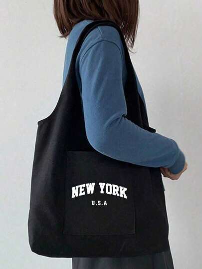 纽约字母黑色帆布手提包，女士单肩包，带口袋，可重复使用，可作购物袋，美观实用，适合购物、通勤、健身、商务旅行等场合，宽肩带设计，是送给家人朋友的生日礼物、圣诞节礼物、情人节礼物的理想之选。