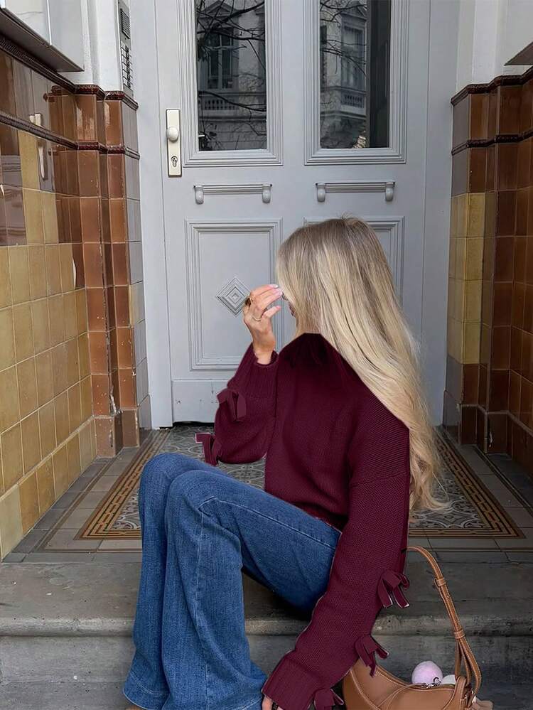 Joy Knit 女士新款秋冬针织上衣 - 休闲简约甜美百搭上衣 - 蝴蝶结袖短款宽松圆领套头毛衣 - 适合女性办公室穿着 - 适合外出穿着 - 适合旅行机场穿着 - 酒紅色 - 查看 6