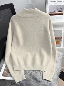 女士纯色罗纹拉链针织衫，休闲日常穿着