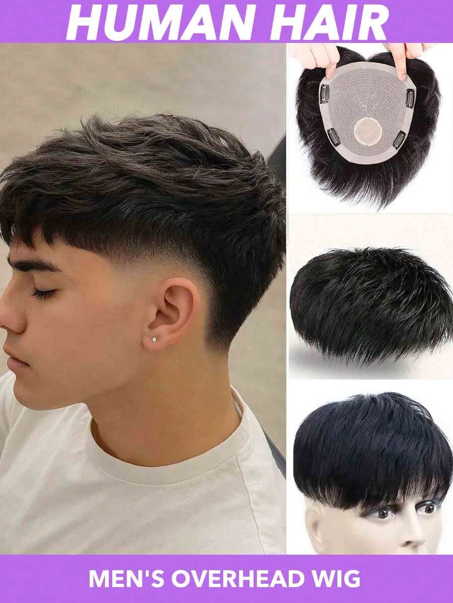 1件男士真人发假发 - 18x20/16x18厘米，男士自然逼真补发假发，隐形翻盖设计，适用于脱发/头发稀疏，佩戴牢固，适合日常及特殊场合，兼容所有浅米色调，男士假发，高品质假发，脱发解决方案，无缝融合，经久耐用，#1B - Natural Black - 查看 1