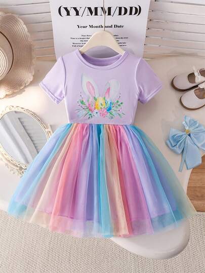 Girls' Easter Dress, Featuring Lavender Short Sleeve Top With Rabbit Ear, Easter Egg & Floral Print, Rainbow Tulle Skirt, Whimsical & Sweet Style, Festive Easter Vibe