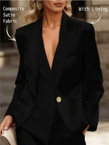 Women's Elegant Solid Color Satin Lapel Single-Breasted Cinched Waist Office Blazer, Spring/Autumn - Black - View 3