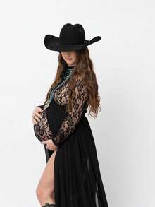 Irresista Maternity 2 PC Lace Sexy See-Through Long Sleeves Bodysuit & Chiffon Slit Skirt Set For Photoshoot - Black - View 9
