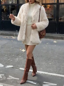 女士法式圣诞秋冬时尚优雅宽松翻领保暖羊毛大衣 - 杏色 - 查看 3