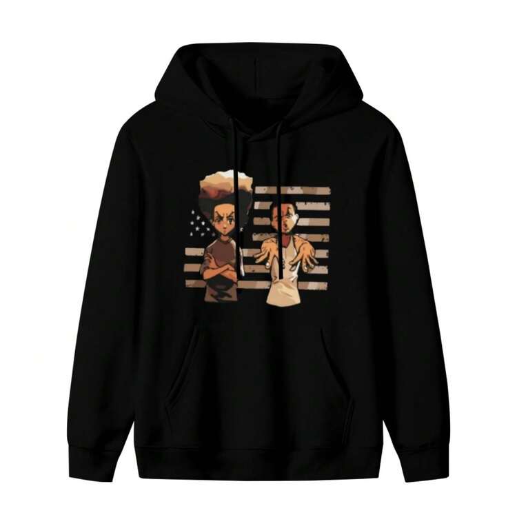 Street - Inspired Black Hoodie Featuring Cartoon Figures With A Flag Motif Casual Soft, Pure Cotton  Pattern Printed Hoodie - 款式24 - 查看 1