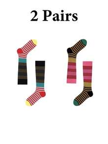 1 Paar/2 Paar Damen Farbblock gestreifte Kniestrümpfe, Retro-Ästhetik Socken, Mode Schlankheits-Socken für Frühling & Herbst, Y2K, gemütlich - Verschiedenfarbig - Übersicht 11