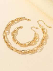 一套女士首饰套装：1条经典简约金属粗链手链和1条项链 - 金黃色 - 查看 4