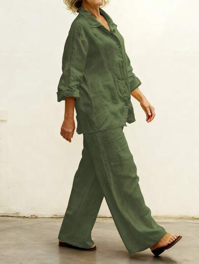 Conjunto de 2 piezas de talla grande: Cardigan casual con cuello de polo, blusa elegante de unicolor, combinado con pantalones sueltos de cintura elástica. Adecuado para vacaciones, viajes, primavera/verano/otoño.